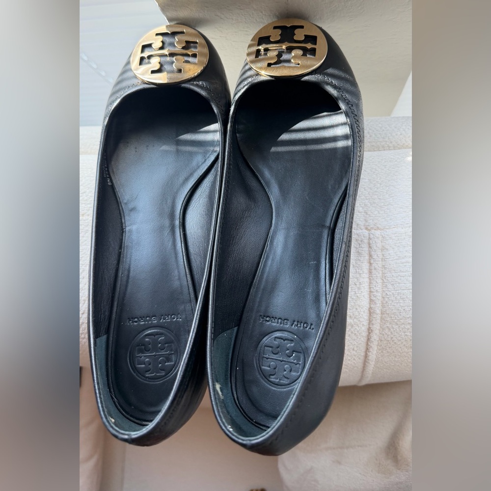 Tory Burch Black Reva Flats with Gold Emblem